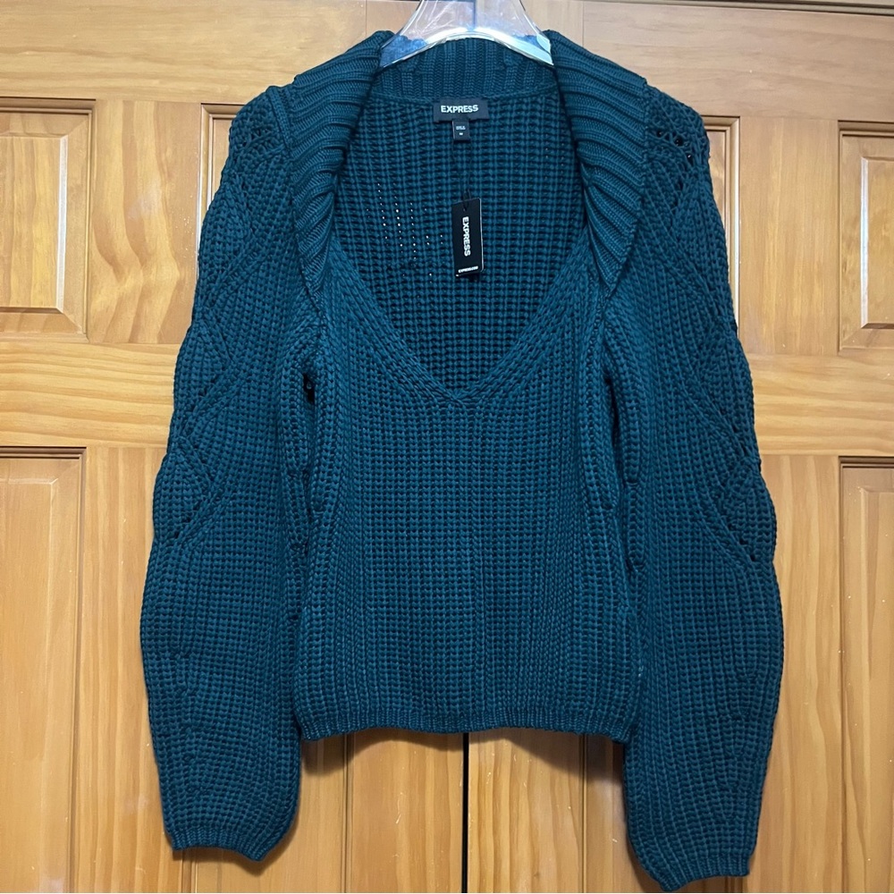 Express Green V-Neck Sweater with Ribbed Collar